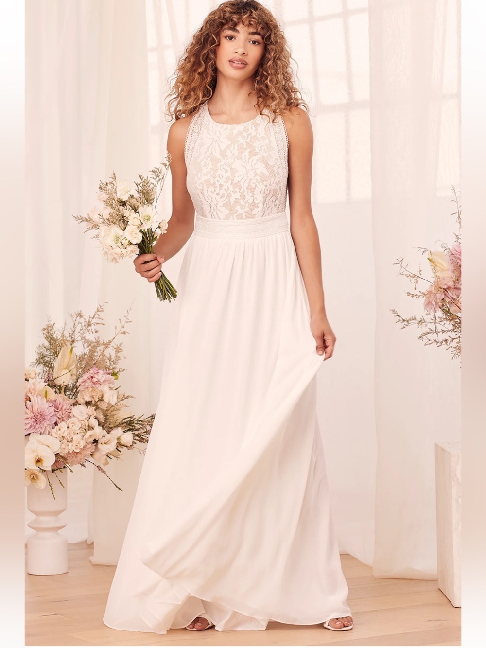 Lulus Forever and Always White Lace Maxi Dress size M